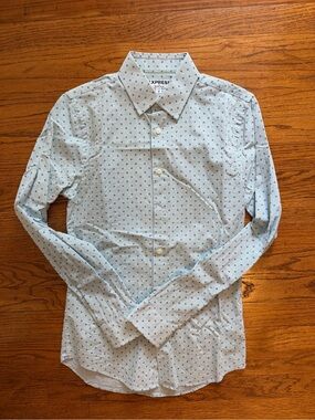 Express Men's Pale Blue Button-Down Shirt with Navy Dot Pattern